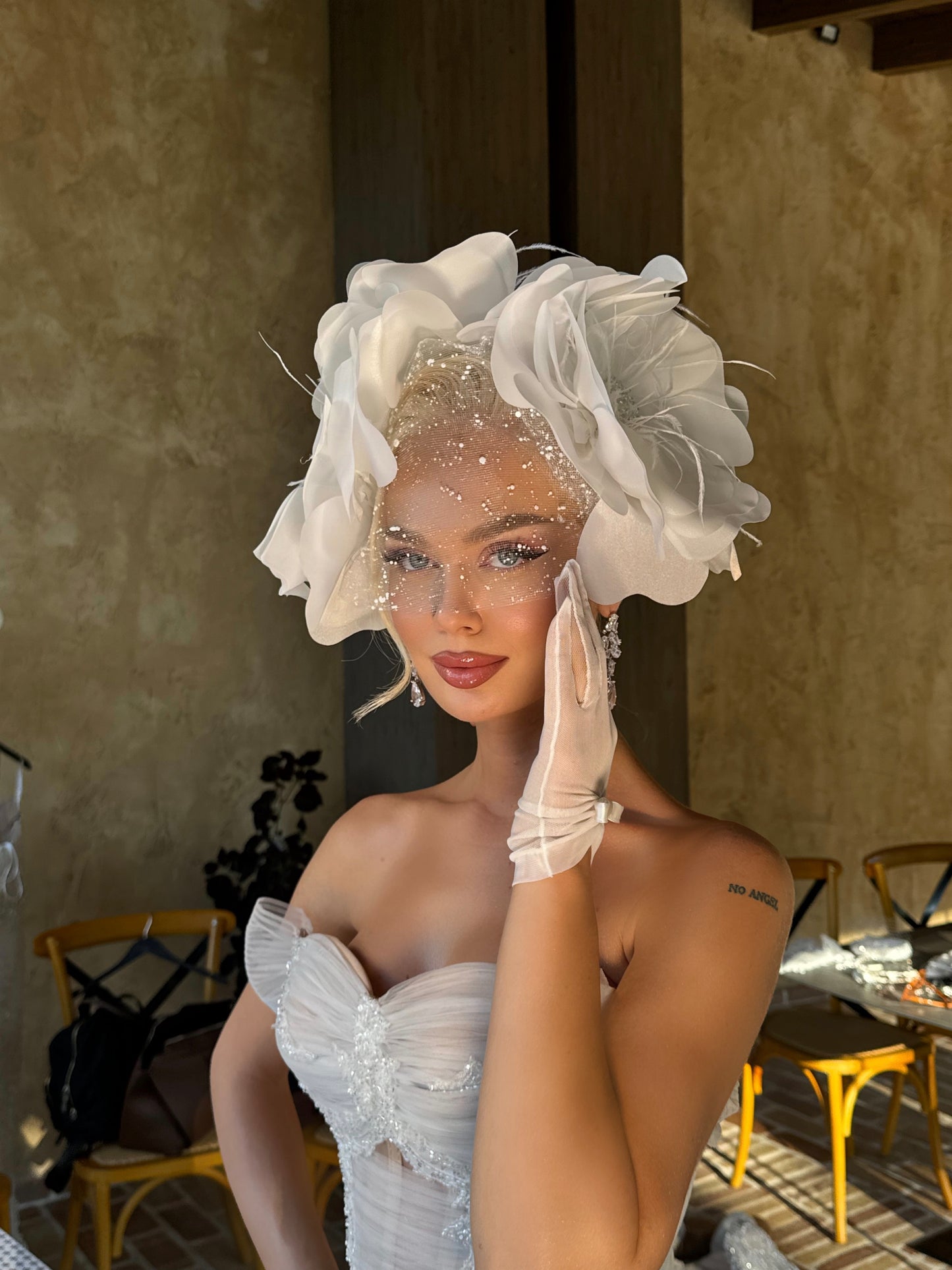 Oversized Floral Headpiece with Crystal Veil & Bow Gloves