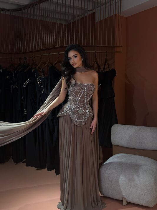 Amanda - Crystal Corset Gown with Taupe Pleated Skirt