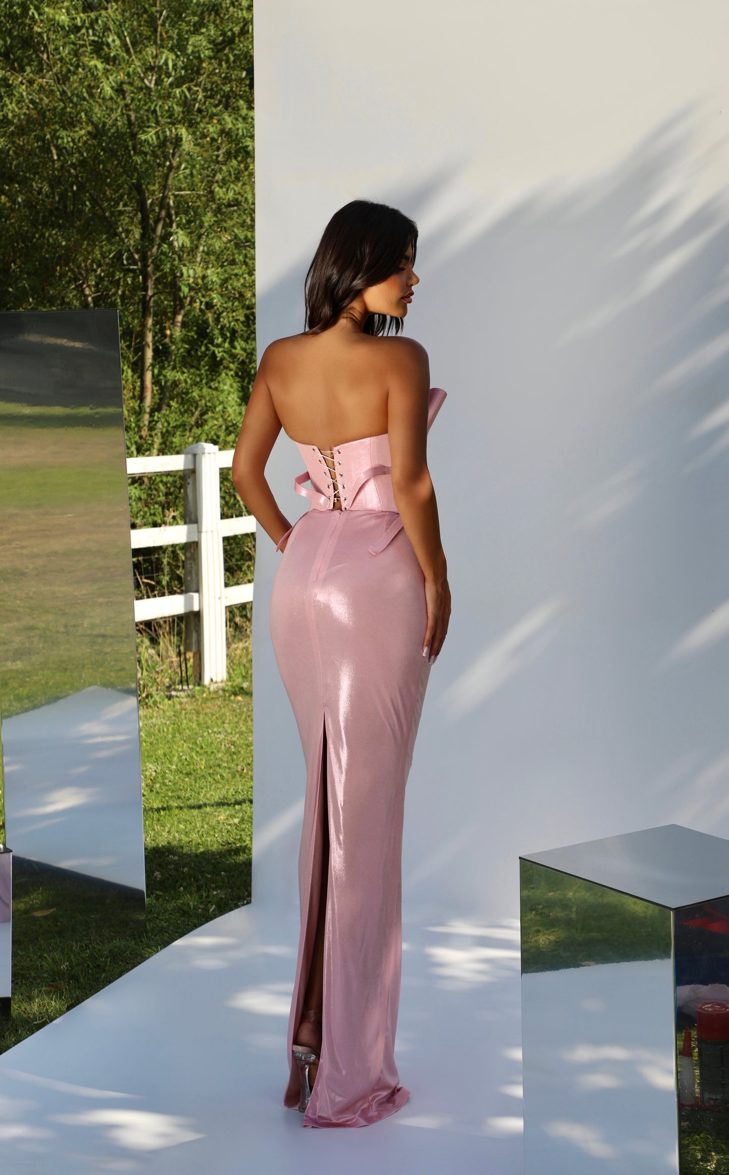 Evaya - Off Shoulder Metallic Bow Dress