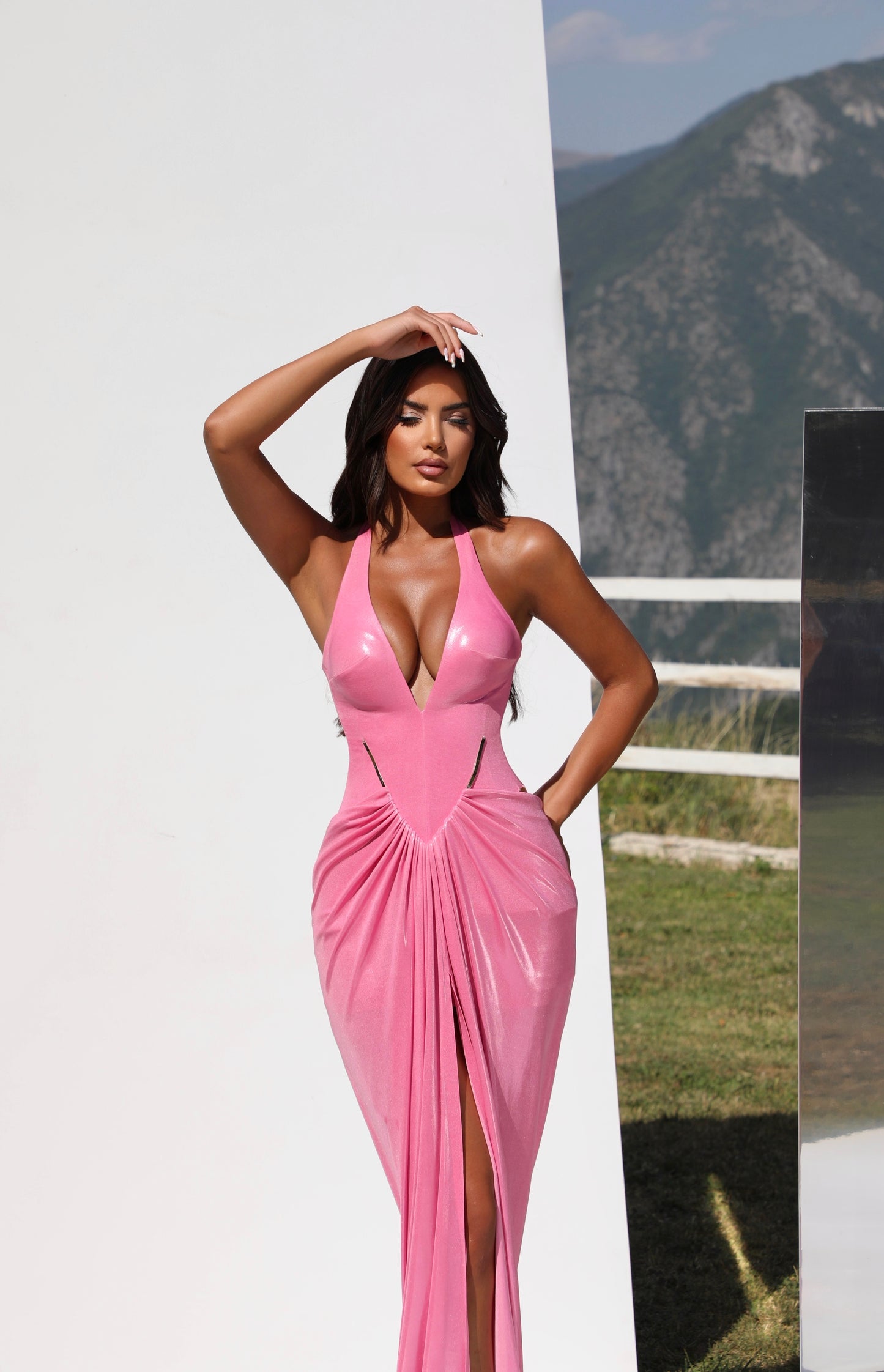 Luciana - Plunging Halter Gown with Draped Detail