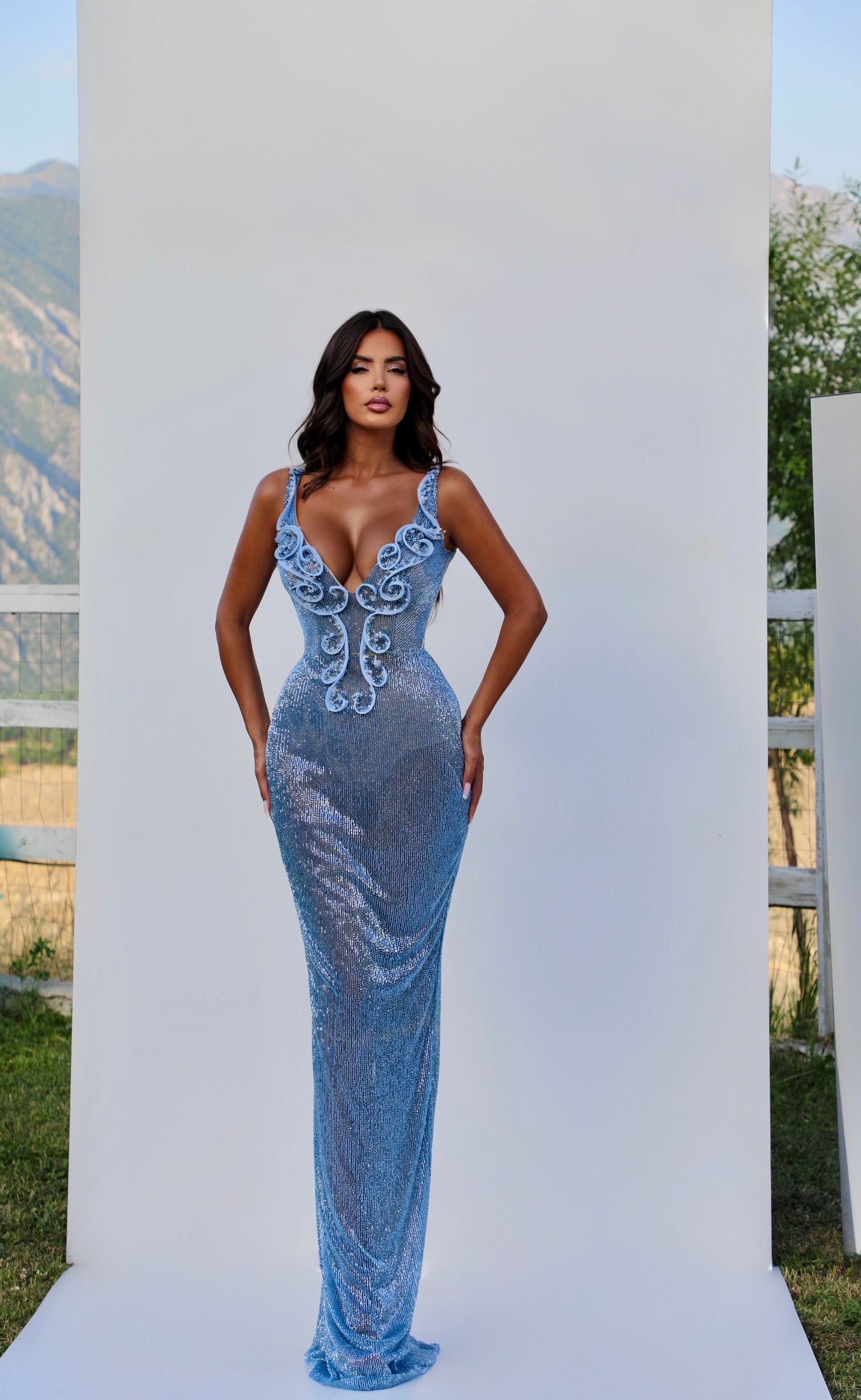 Liora - Deep V Sequin Dress with Beaded Appliqué