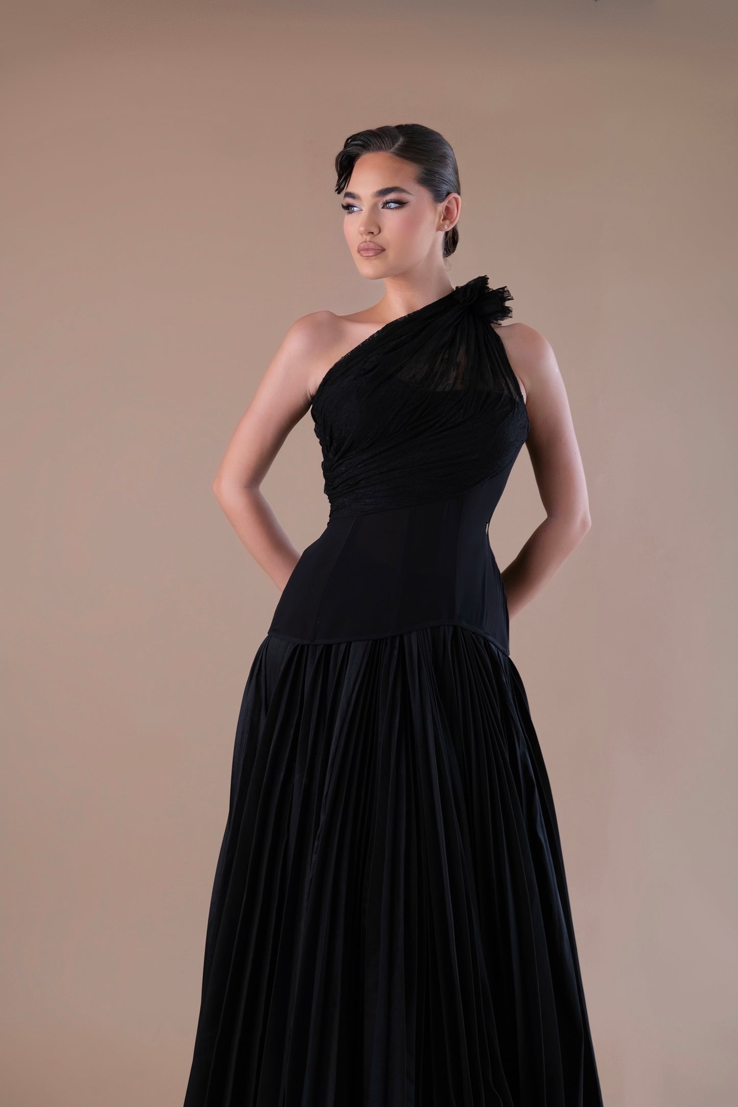 Rosalie - Asymmetrical sleeve draped corset dress