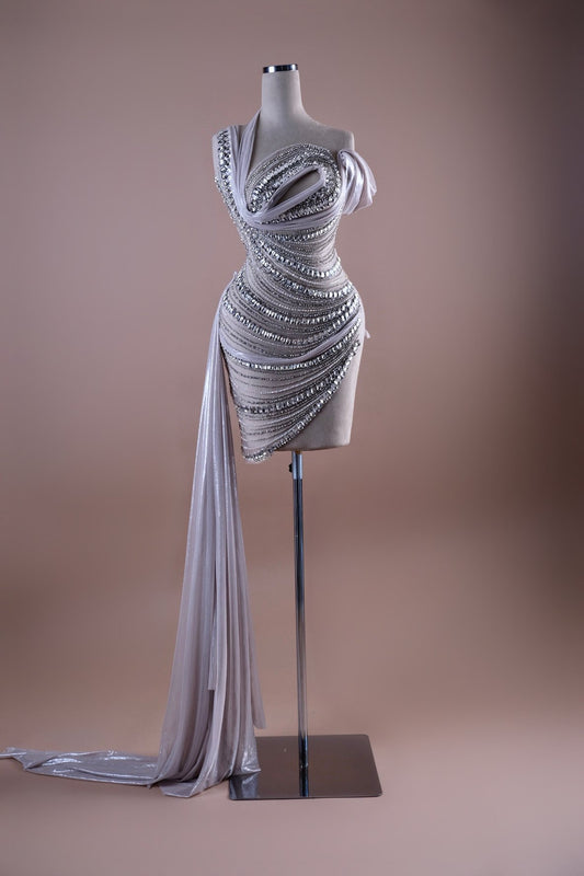 Crystal Ruched Mini Gown with Side Train