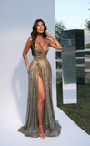 Isavelle - Plunging Sequin Dress with High Slit