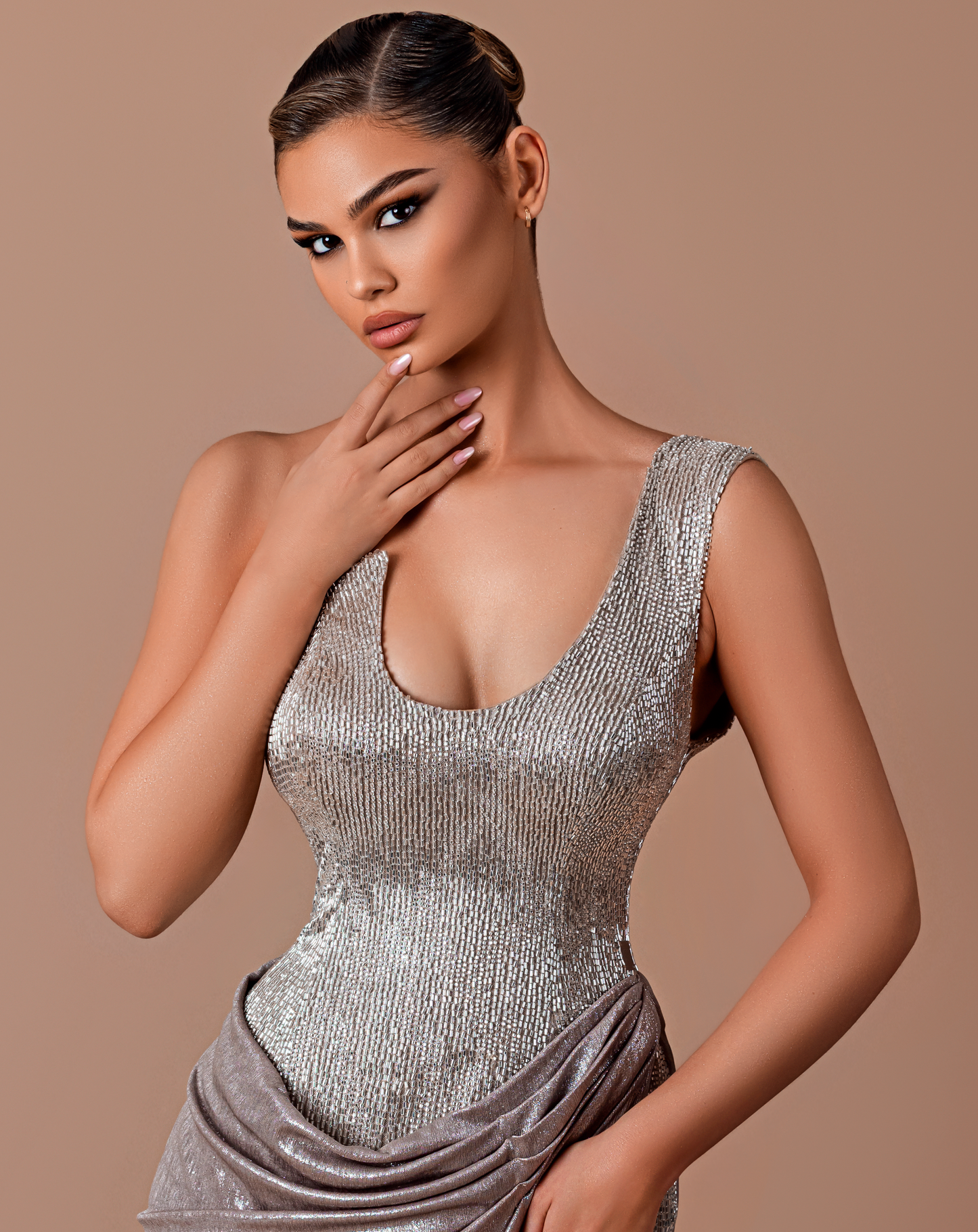 Novany - One shoulder crystal embellished dress