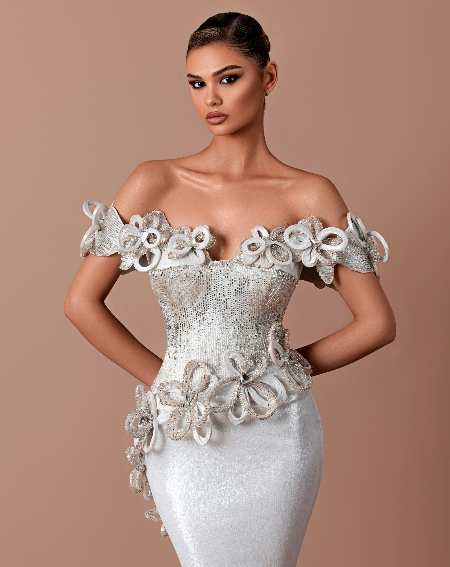 Ashen - Off shoulder dress with floral embroidery