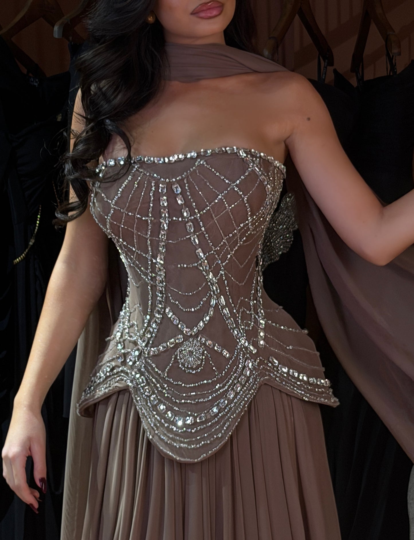 Amanda - Crystal Corset Gown with Taupe Pleated Skirt