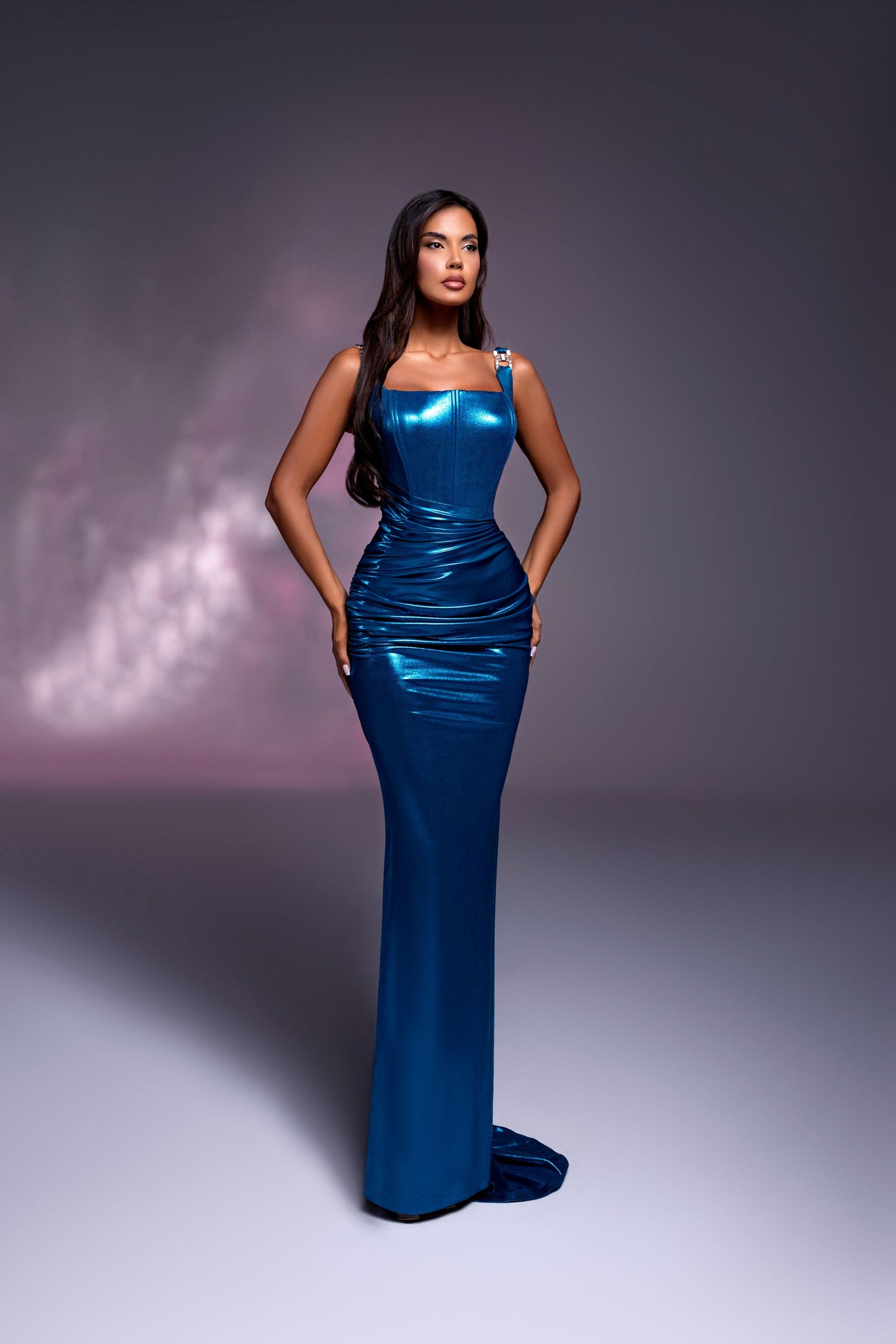 Renelle - straight neckline dress with metallic buckles