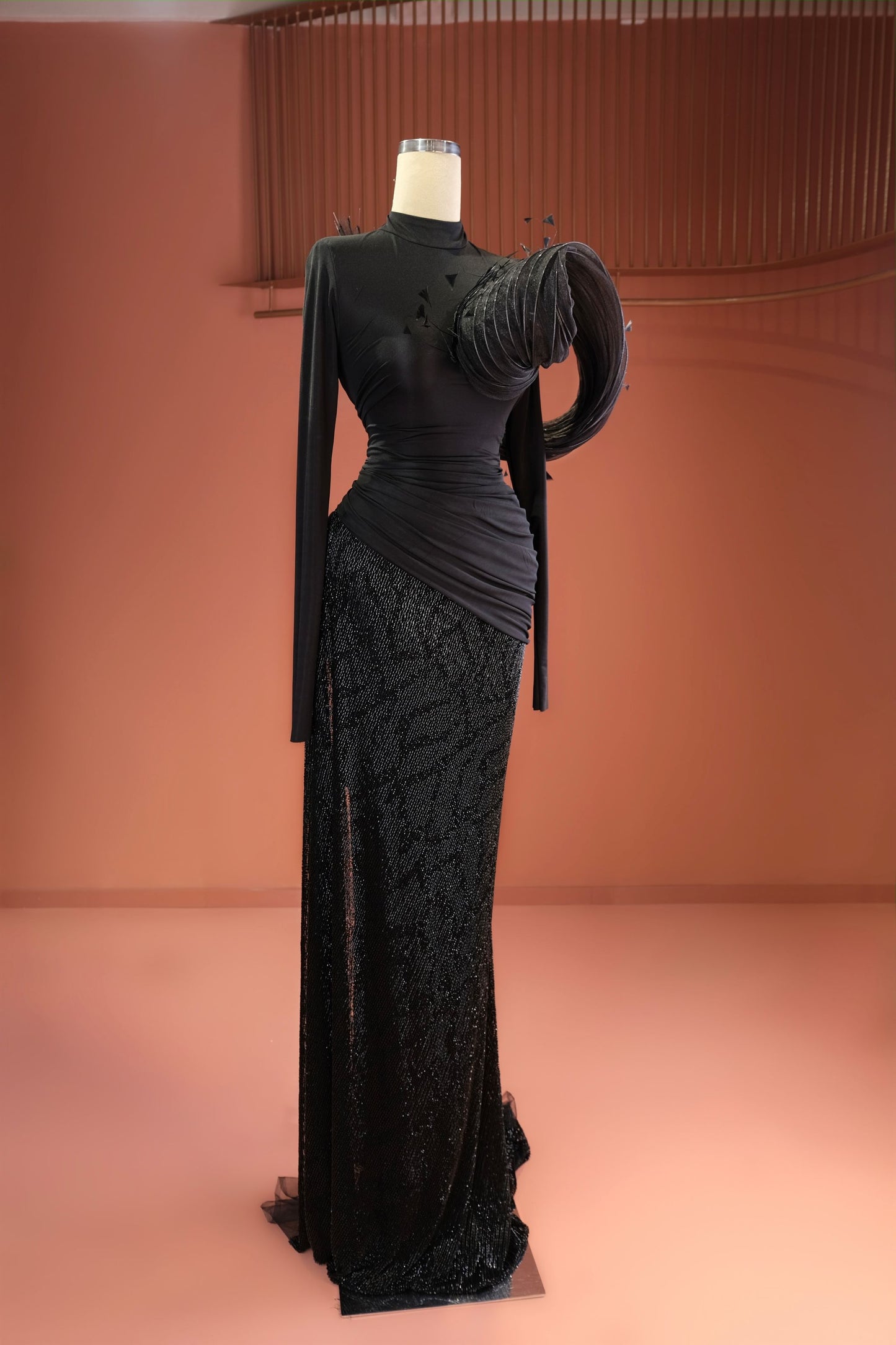 Arika - Feathered Sequin High-Neck Gown