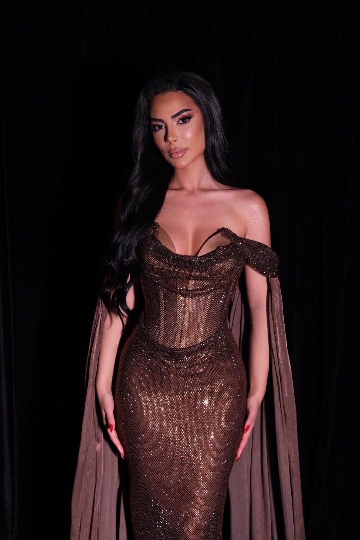 Maddeline - Off Shoulder Sequin Gown with Cape Sleeves