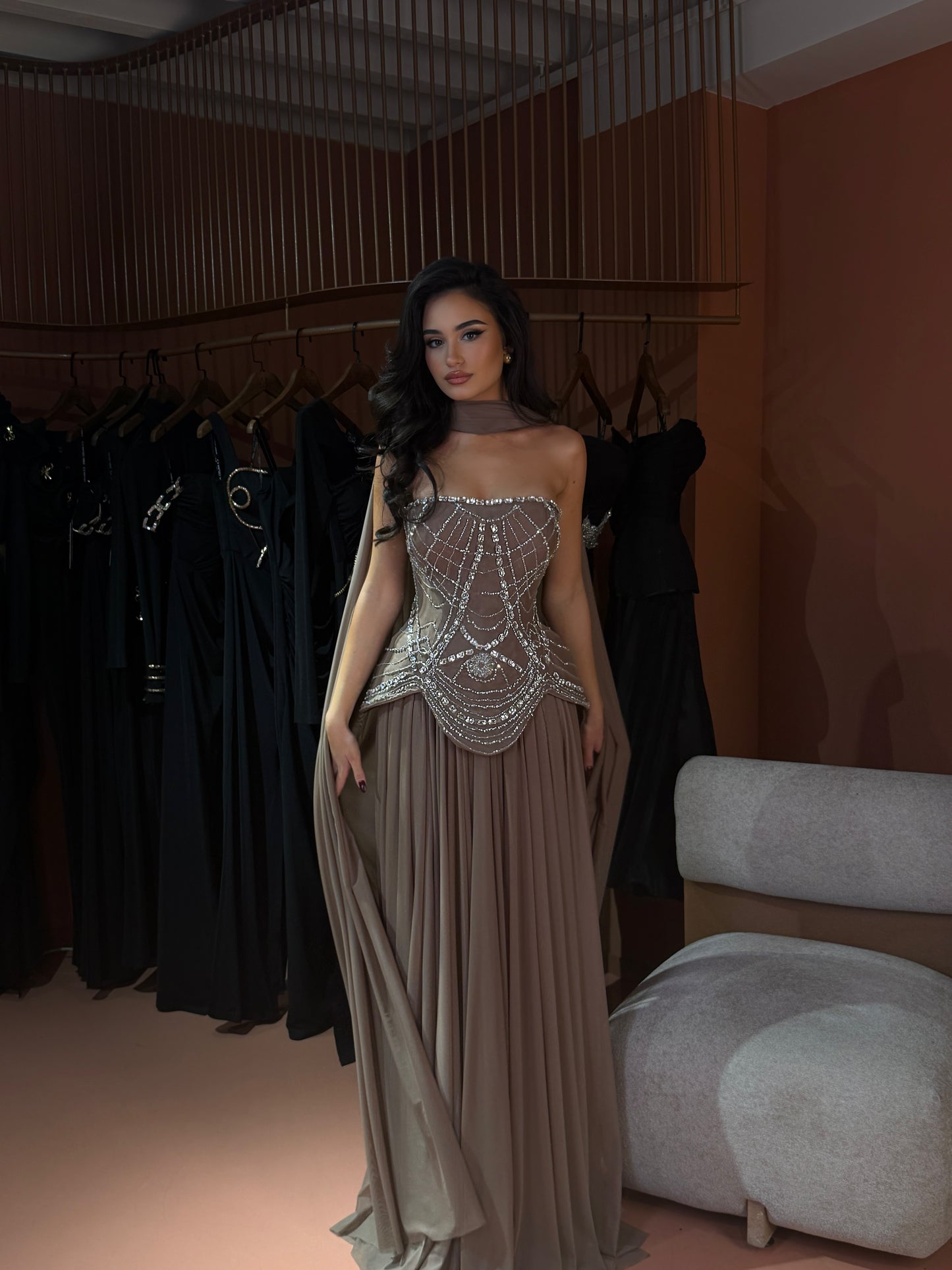 Amanda - Crystal Corset Gown with Taupe Pleated Skirt