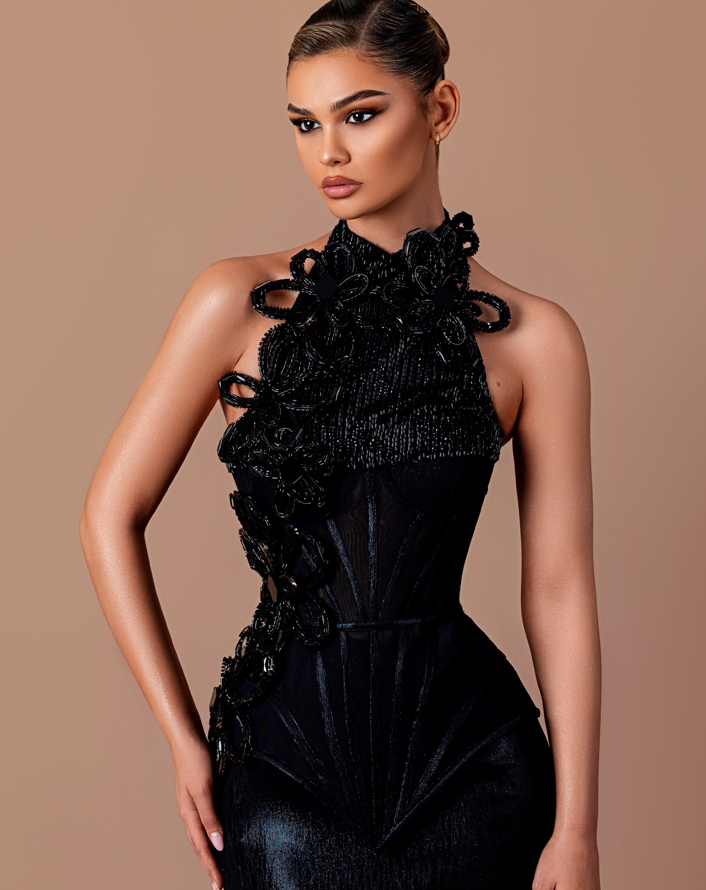 Sable - Halter neckline dress with floral & beaded appliqués