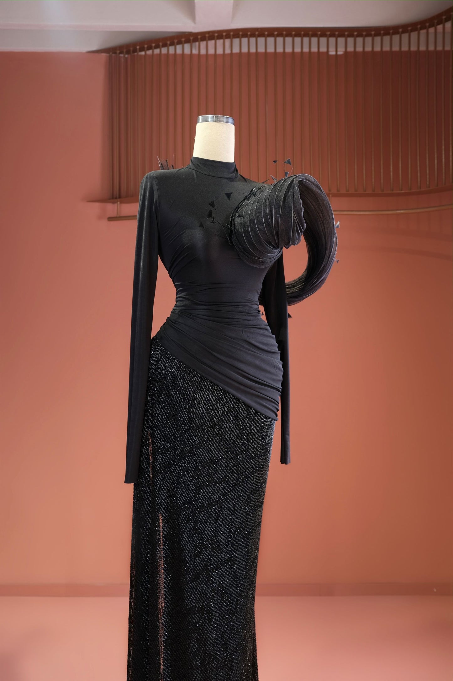 Arika - Feathered Sequin High-Neck Gown