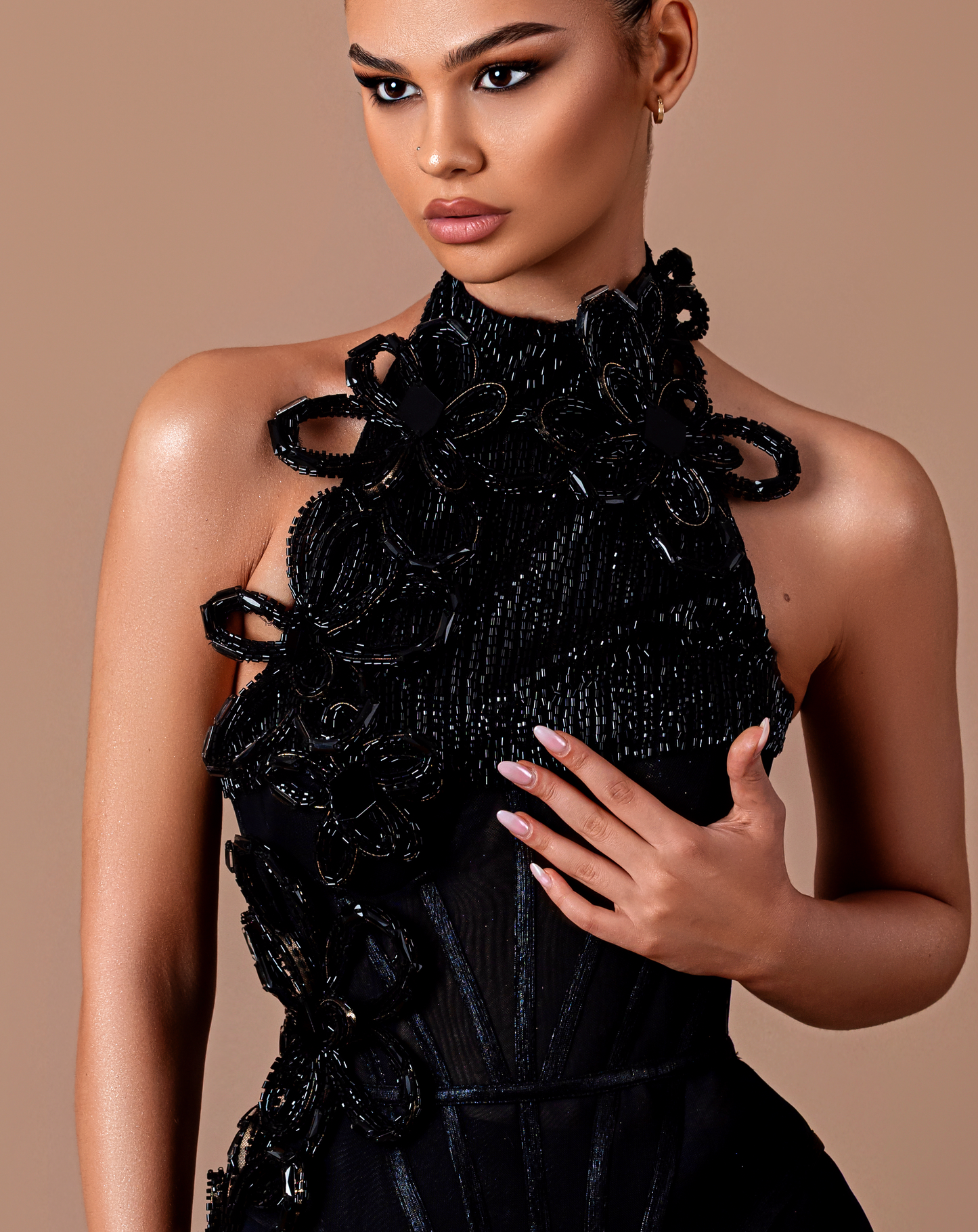 Sable - Halter neckline dress with floral & beaded appliqués