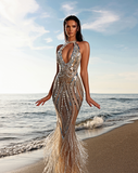 Halter Crystal-Embellished Fringe Dress - Zoana