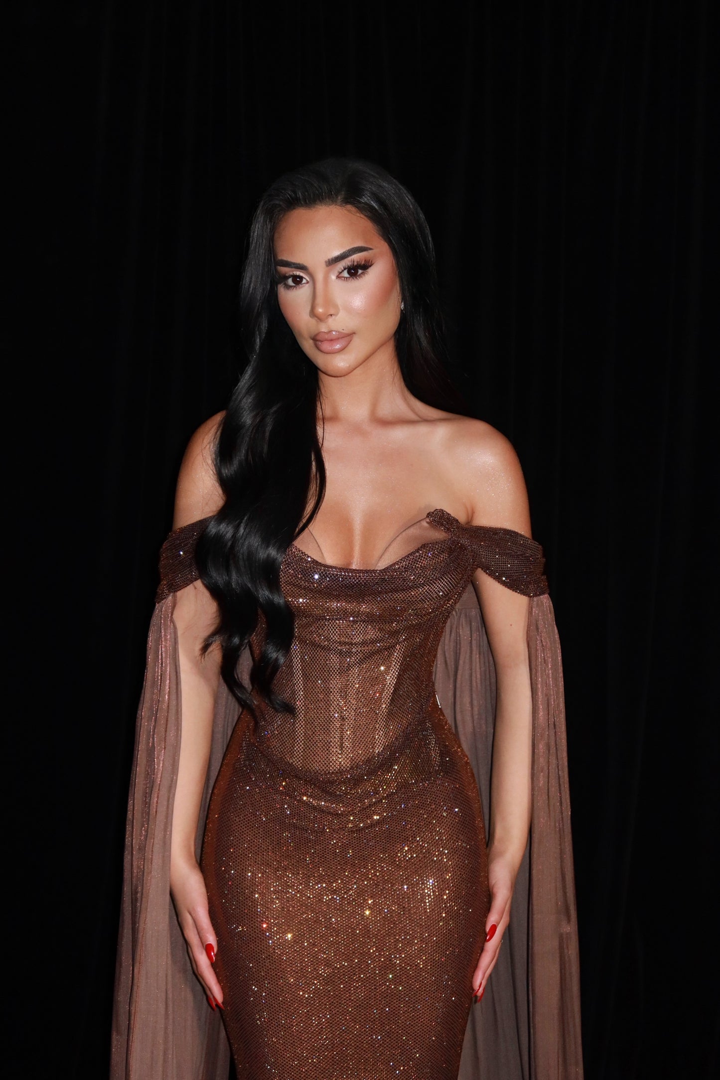 Maddeline - Off Shoulder Sequin Gown with Cape Sleeves