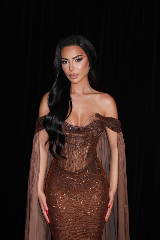 Maddeline - Off Shoulder Sequin Gown with Cape Sleeves