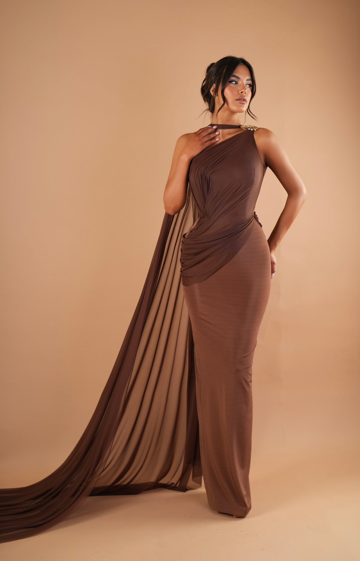 Mèla – Draped One Shoulder Cape Gown