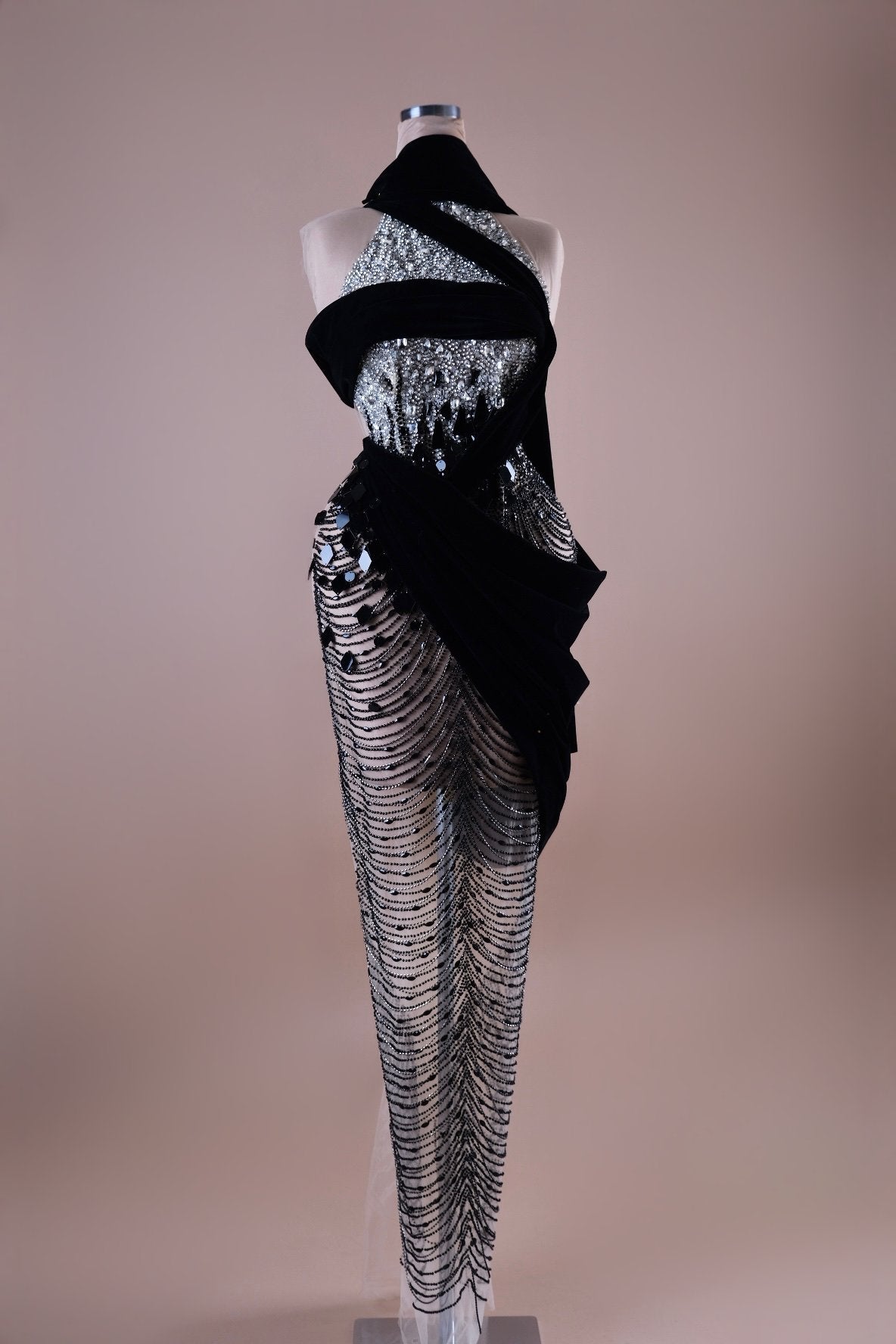 Draped Sequin Swirl Gown with Velvet Twist