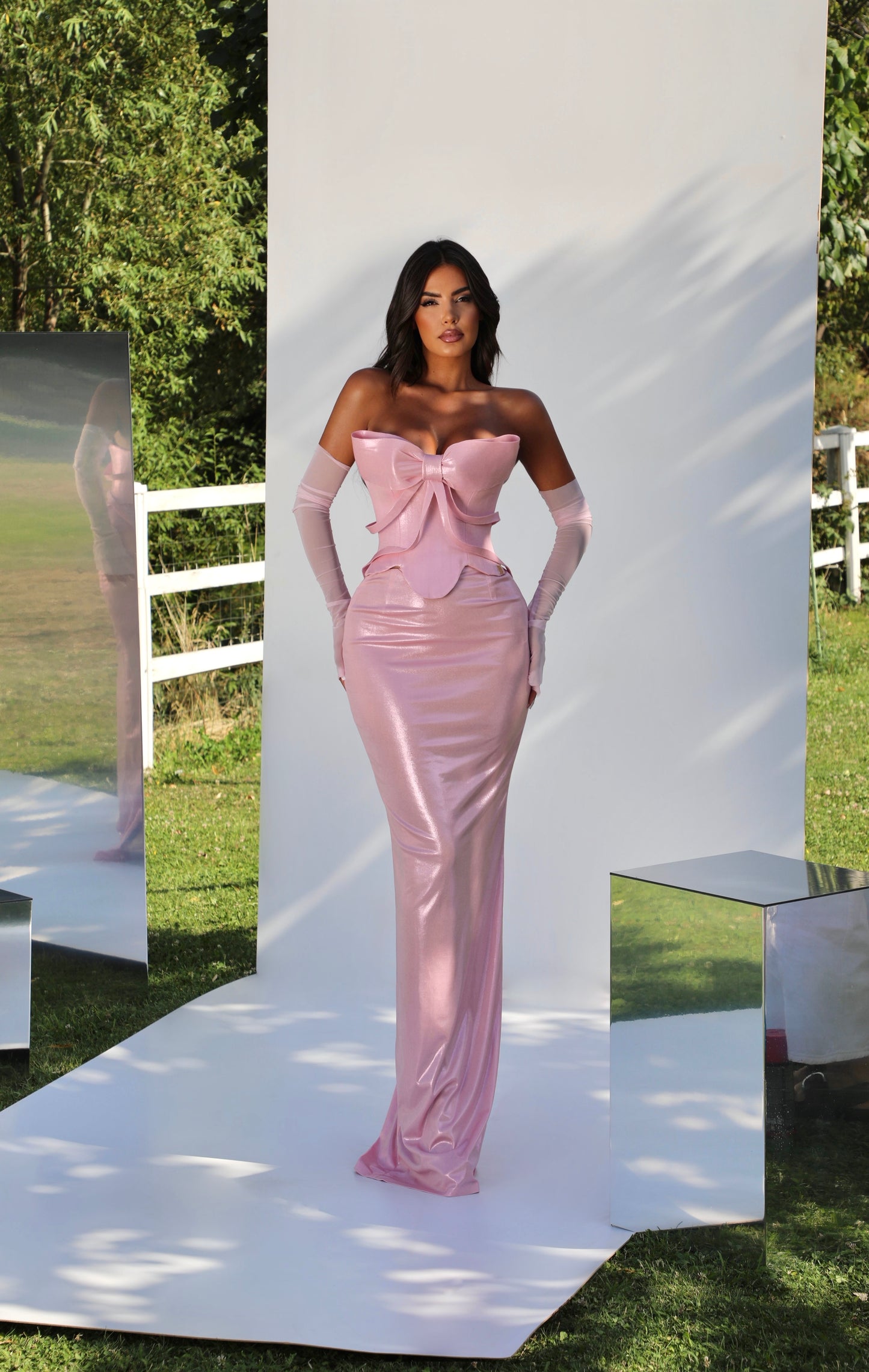 Evaya - Off Shoulder Metallic Bow Dress