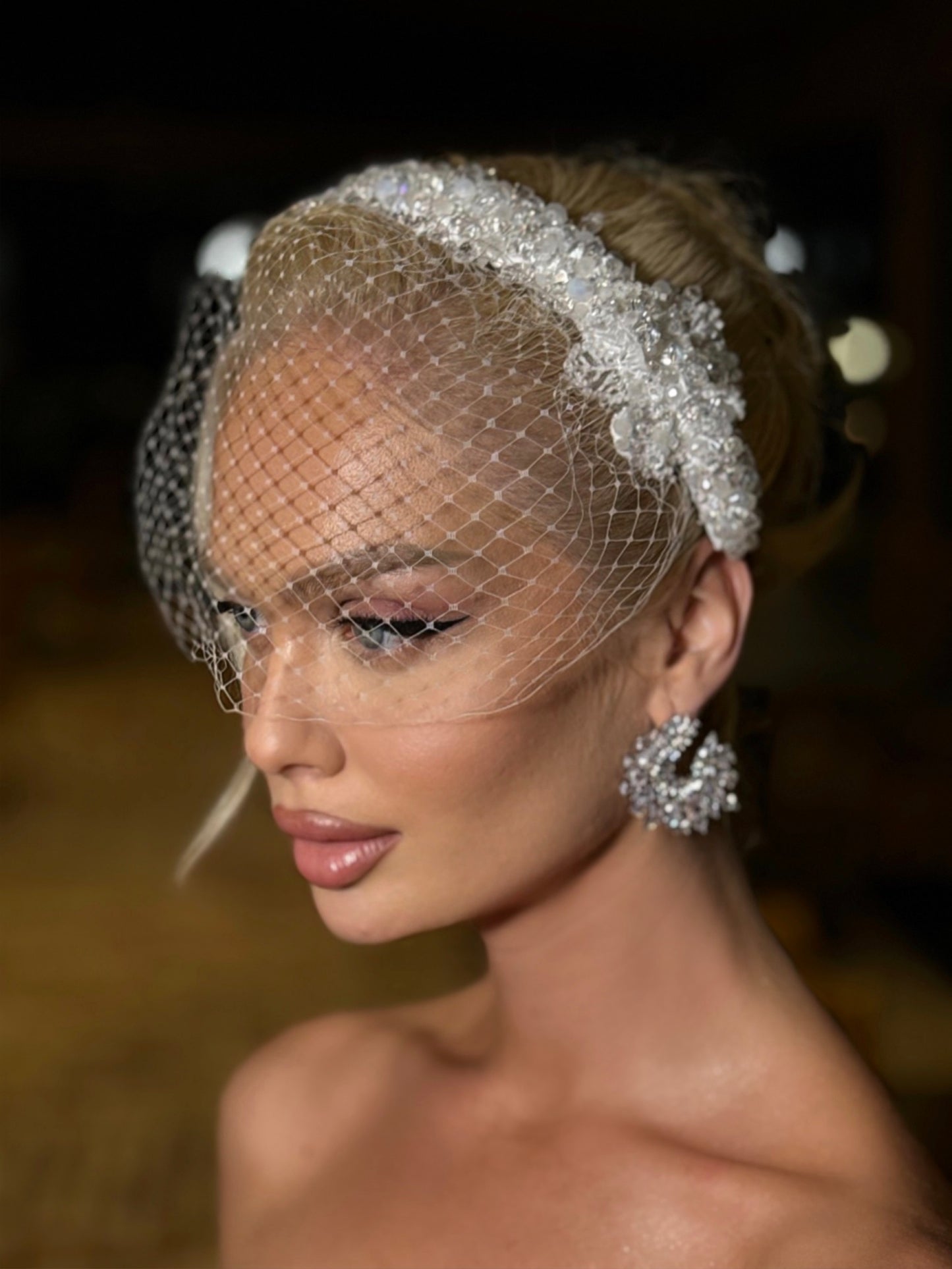 Embellished Crystal Headband with Birdcage Veil