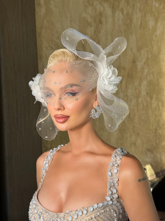 Crystal Embellished Mesh Bow Veil Fascinator