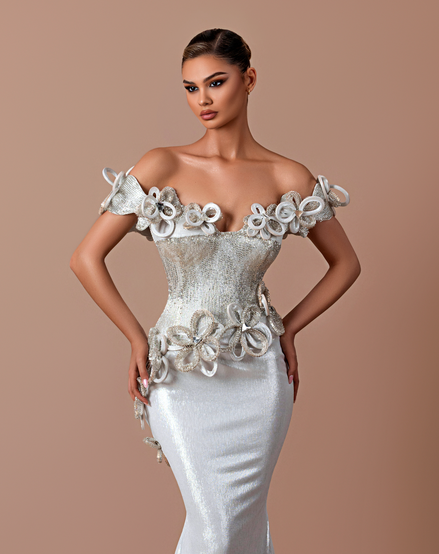 Ashen - Off shoulder dress with floral embroidery