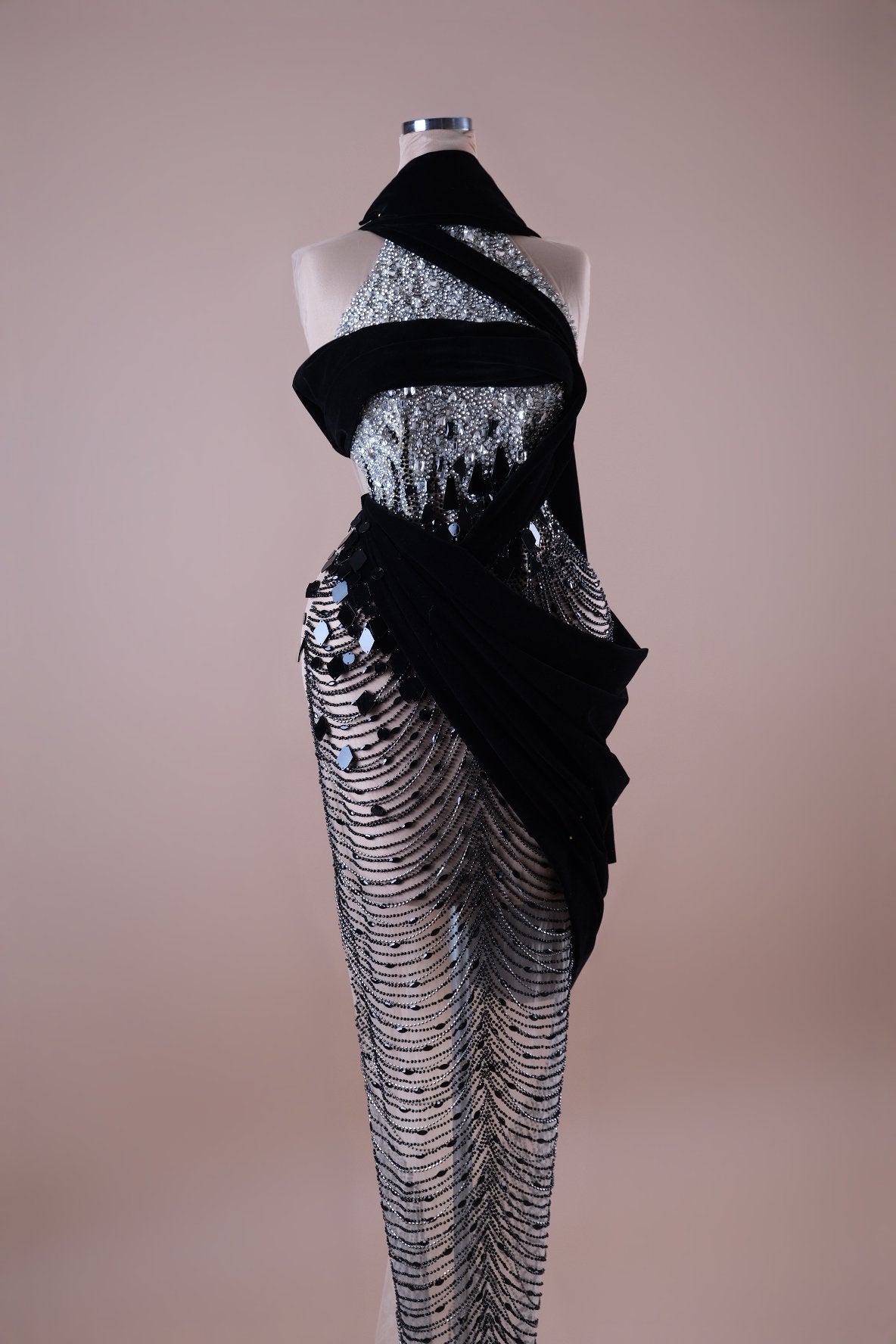 Draped Sequin Swirl Gown with Velvet Twist