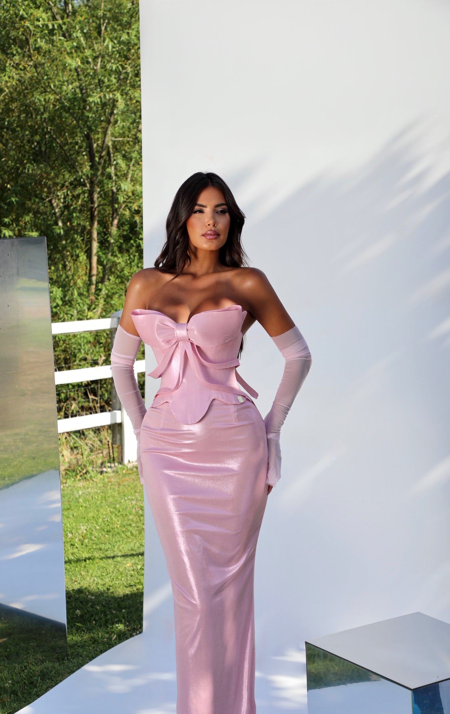 Evaya - Off Shoulder Metallic Bow Dress