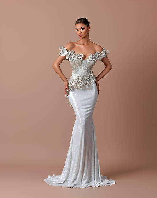 Ashen - Off shoulder dress with floral embroidery