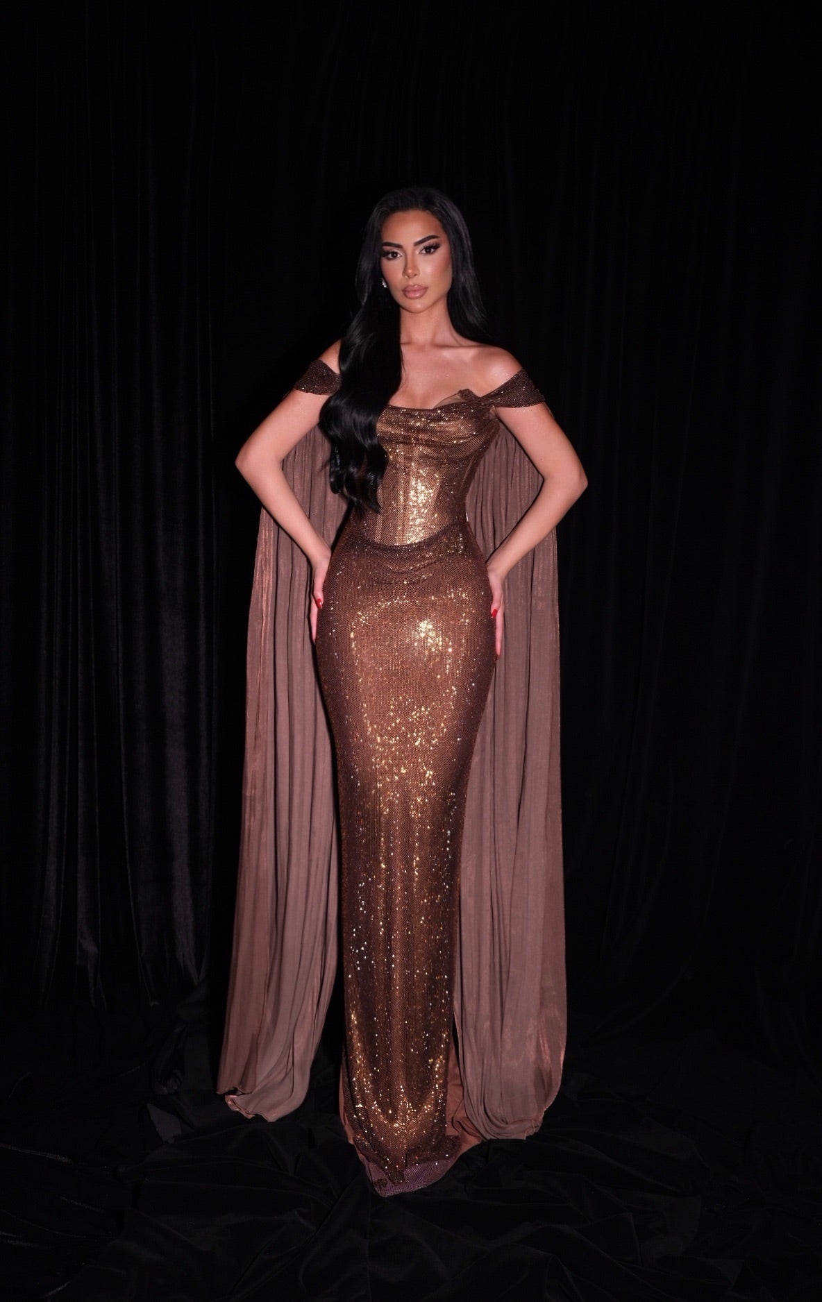 Maddeline - Off Shoulder Sequin Gown with Cape Sleeves