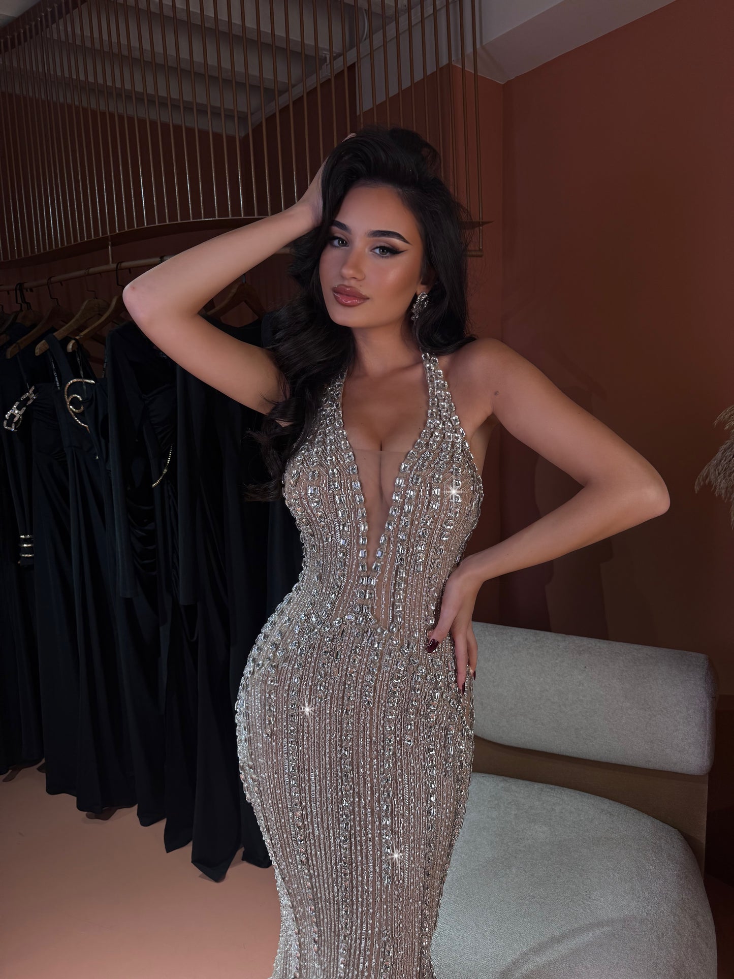 Beatrix - Deep Plunge Beaded Gown