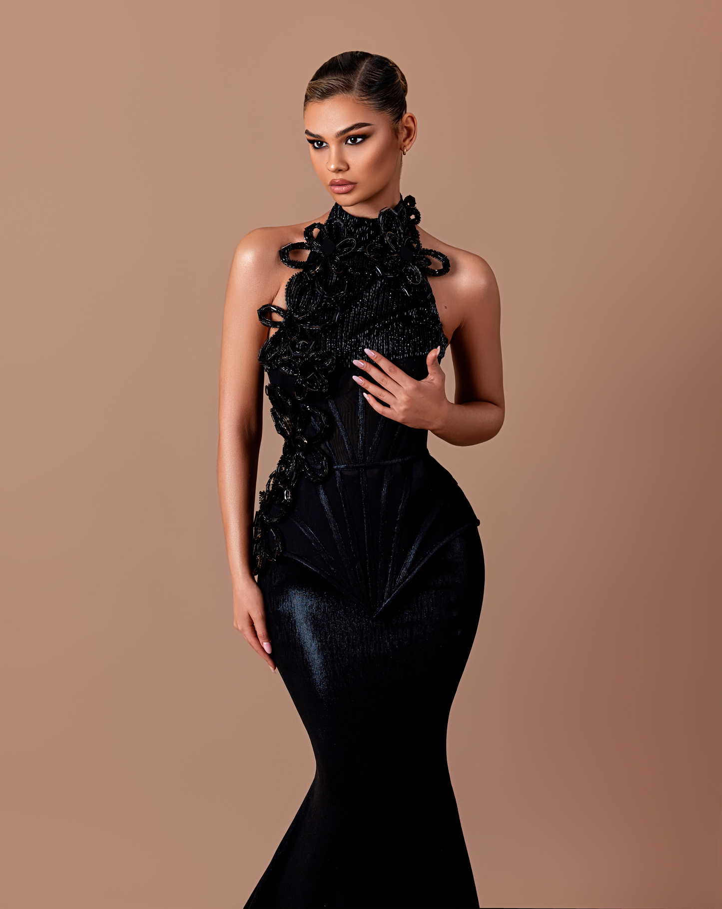 Sable - Halter neckline dress with floral & beaded appliqués