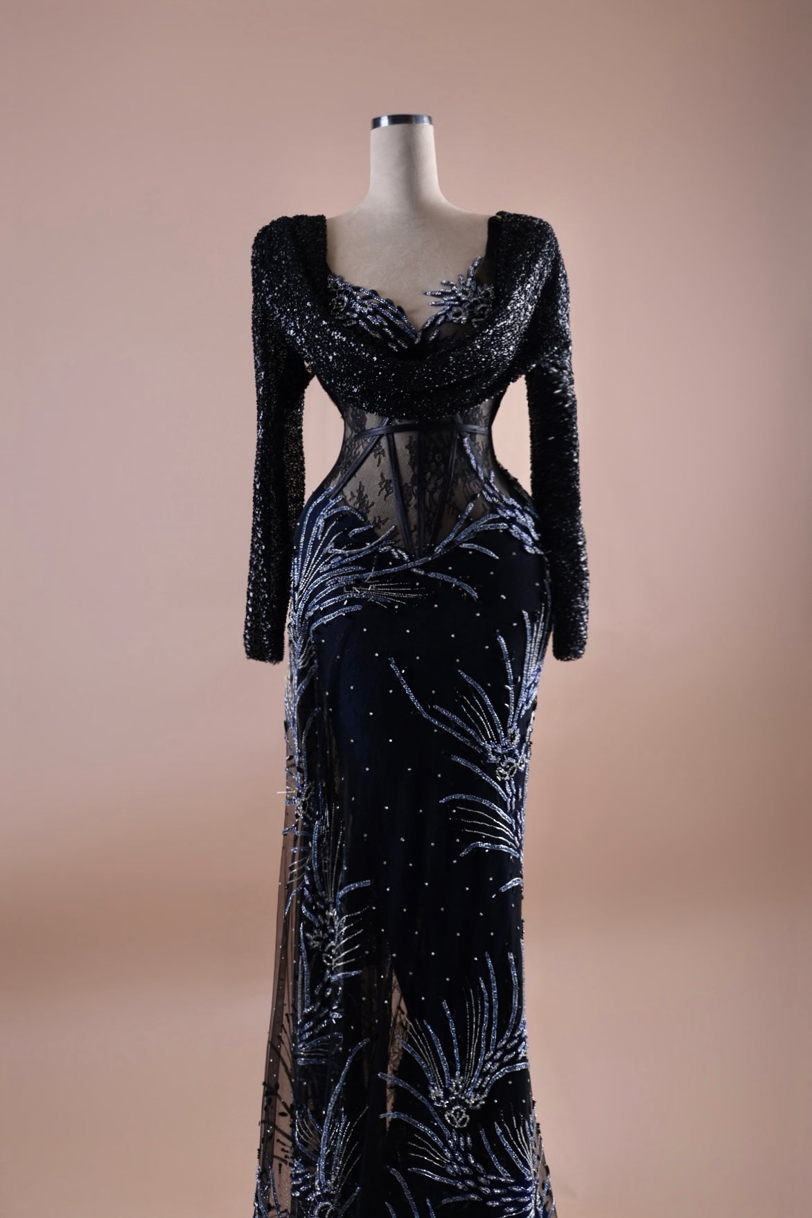 Midnight Sequin Sheer Corset Gown