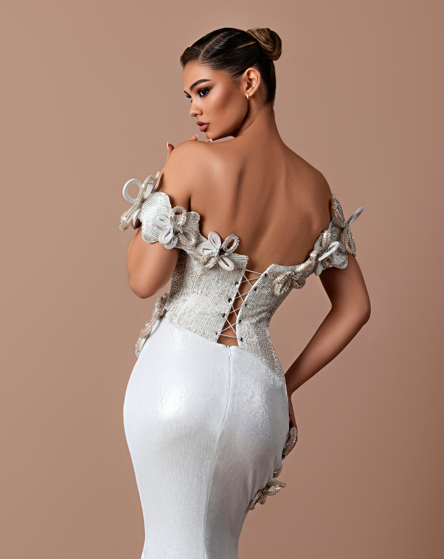 Ashen - Off shoulder dress with floral embroidery