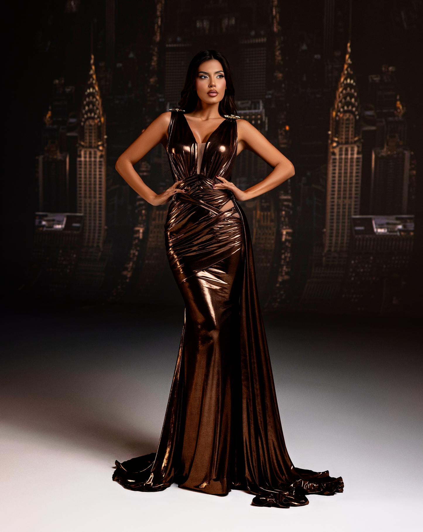 Alessia - Metallic brown dress with gold accents