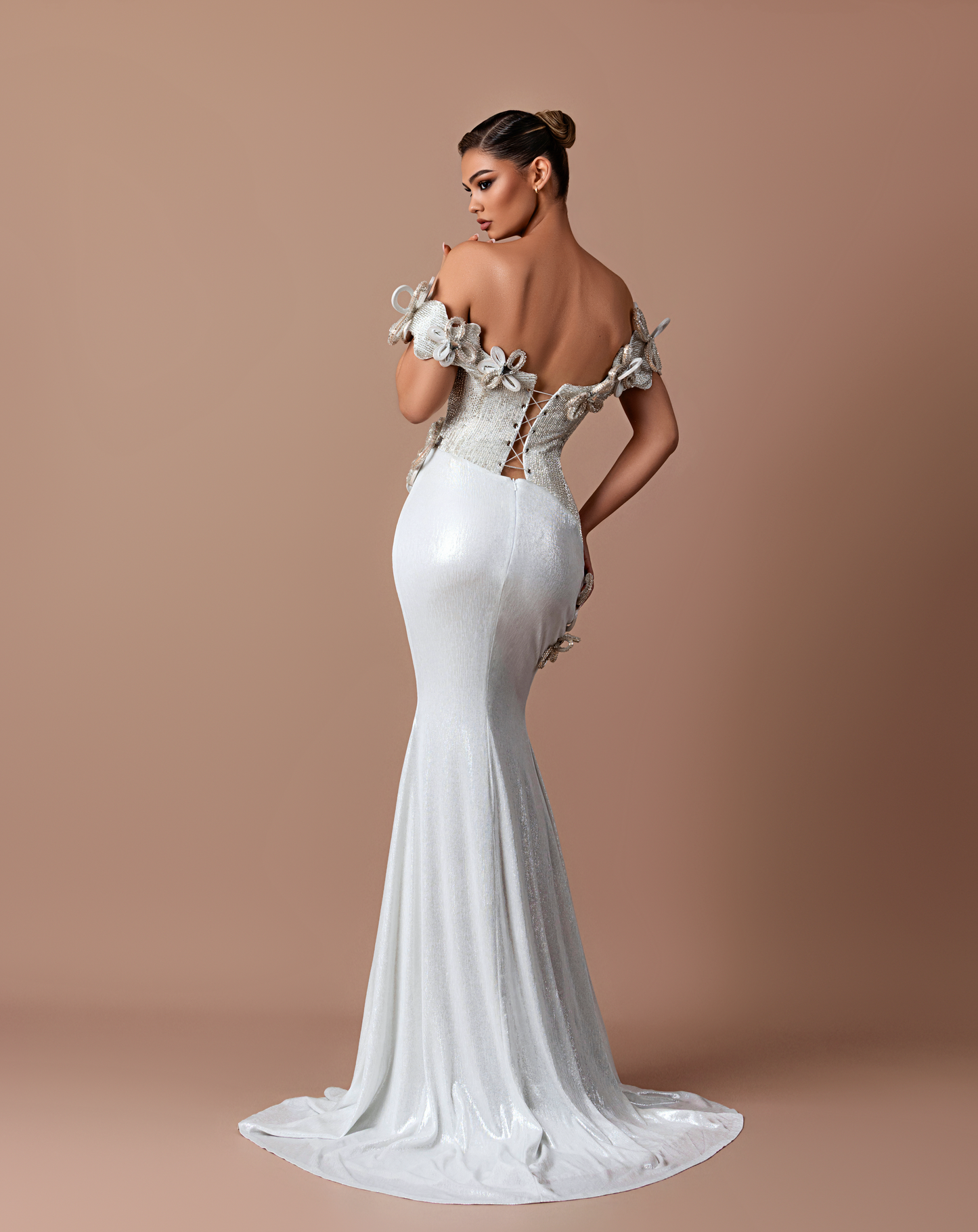 Ashen - Off shoulder dress with floral embroidery