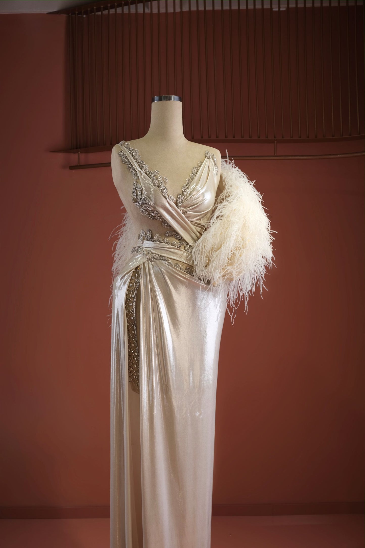 Azra - Beaded Feathered Evening Dress