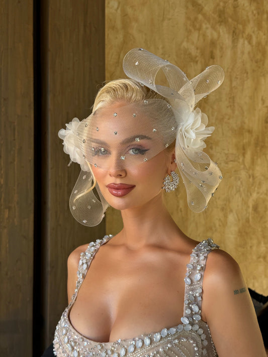 Crystal Embellished Mesh Bow Veil Fascinator