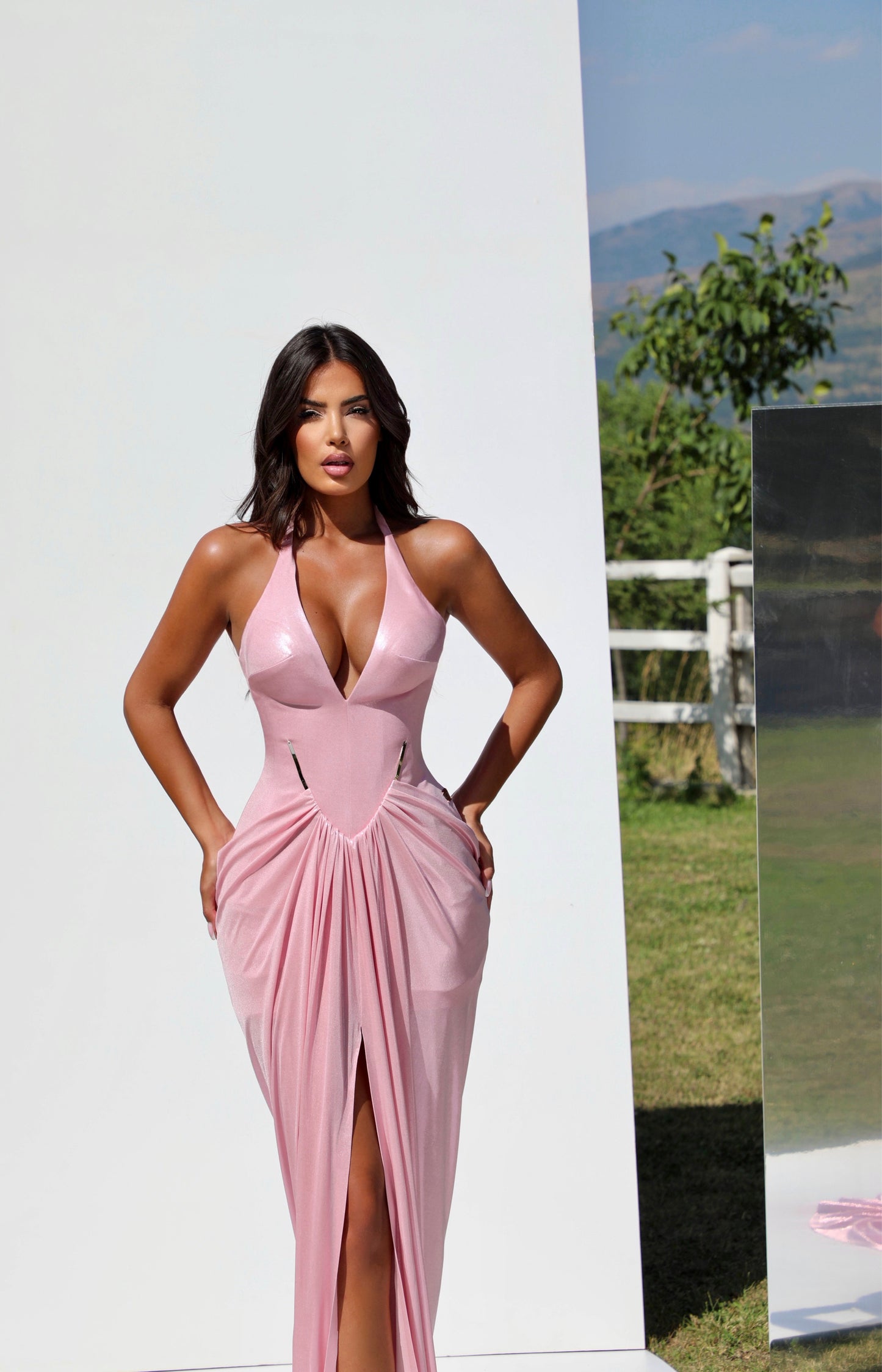 Luciana - Plunging Halter Gown with Draped Detail