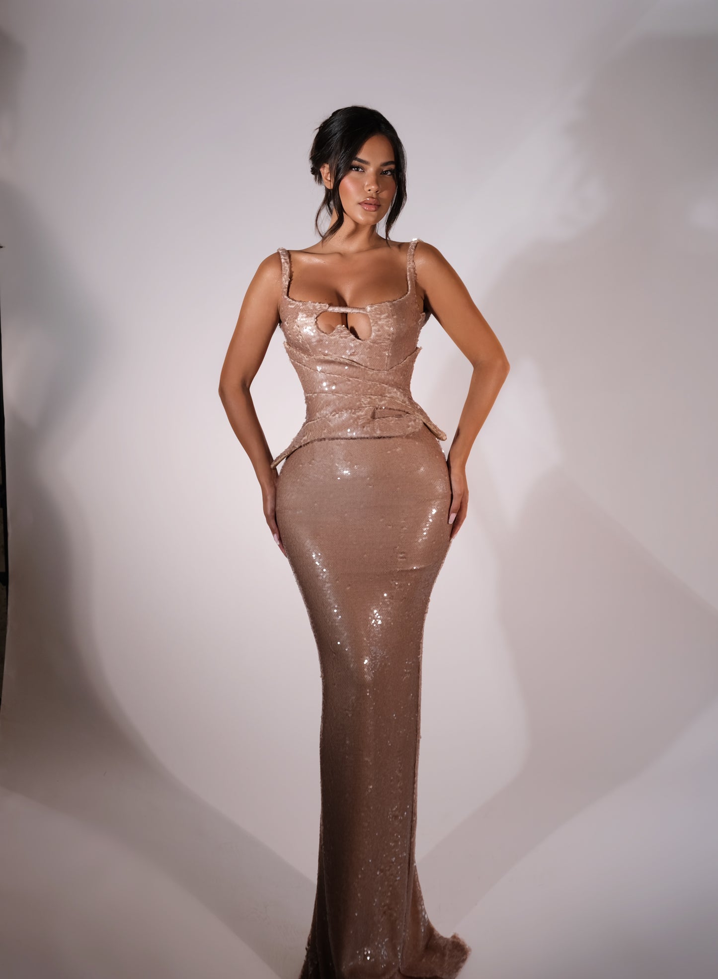Tiara - Champagne Sequin Peplum Dress