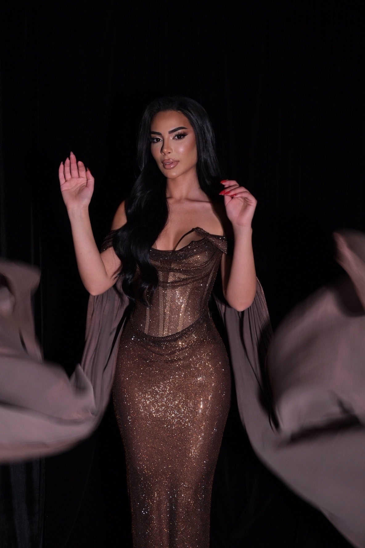 Maddeline - Off Shoulder Sequin Gown with Cape Sleeves