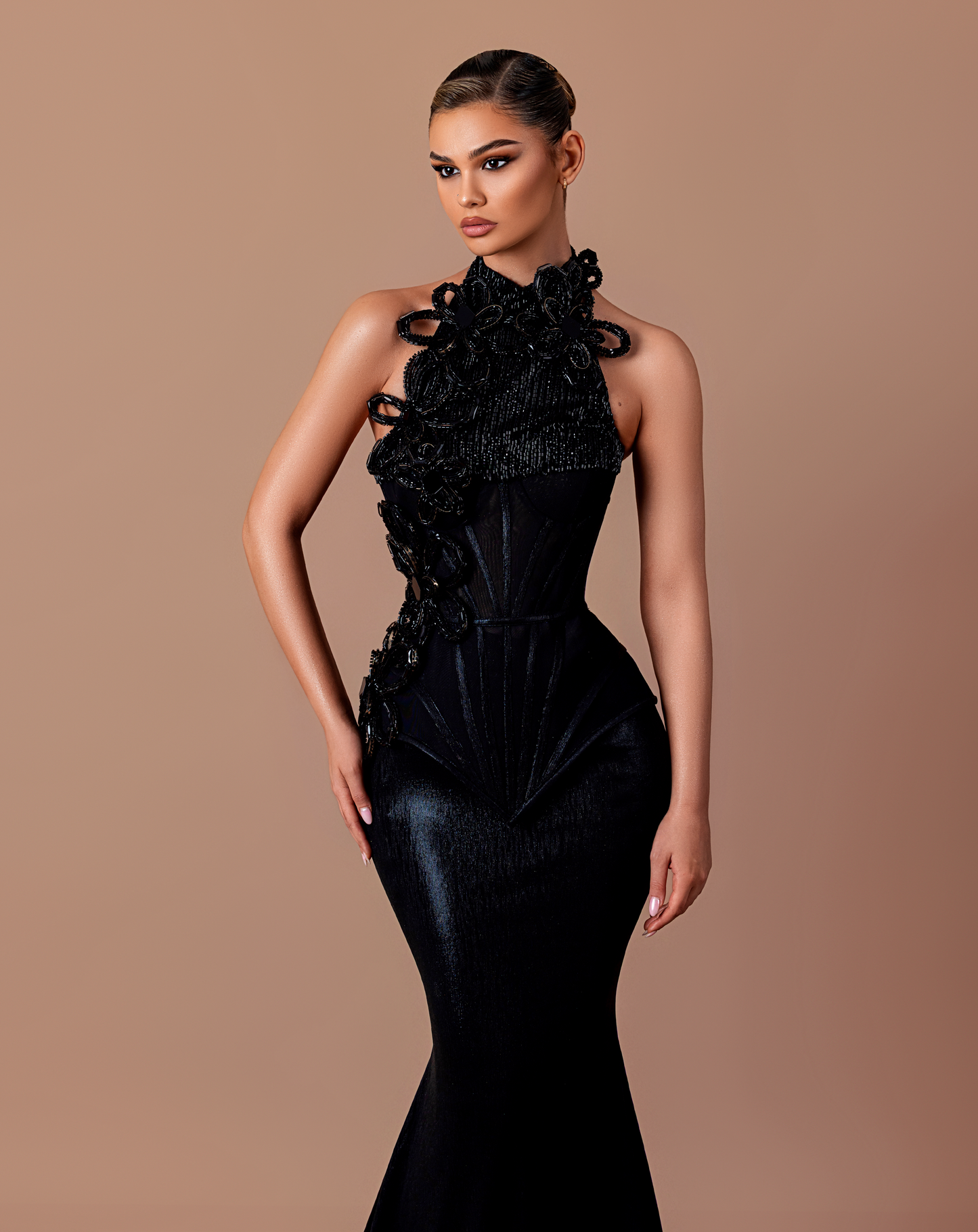 Sable - Halter neckline dress with floral & beaded appliqués