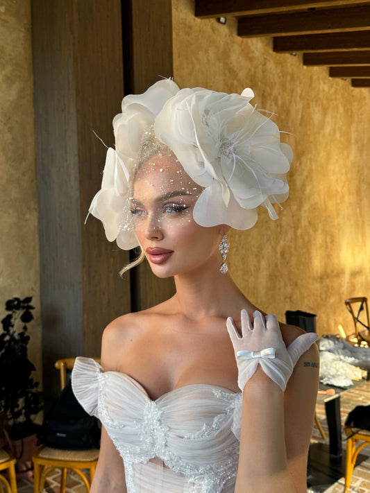 Oversized Floral Headpiece with Crystal Veil & Bow Gloves