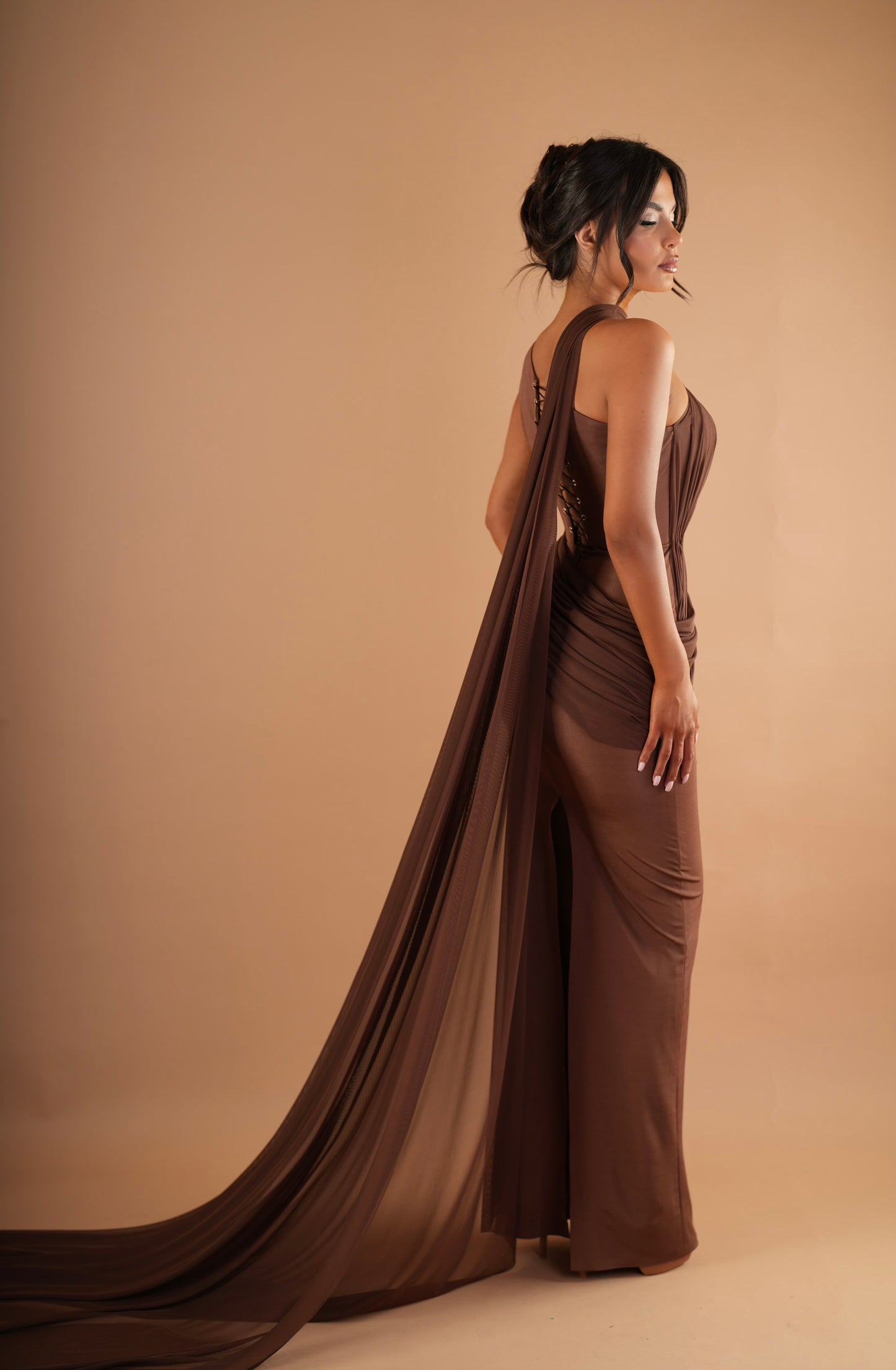 Mèla – Draped One Shoulder Cape Gown