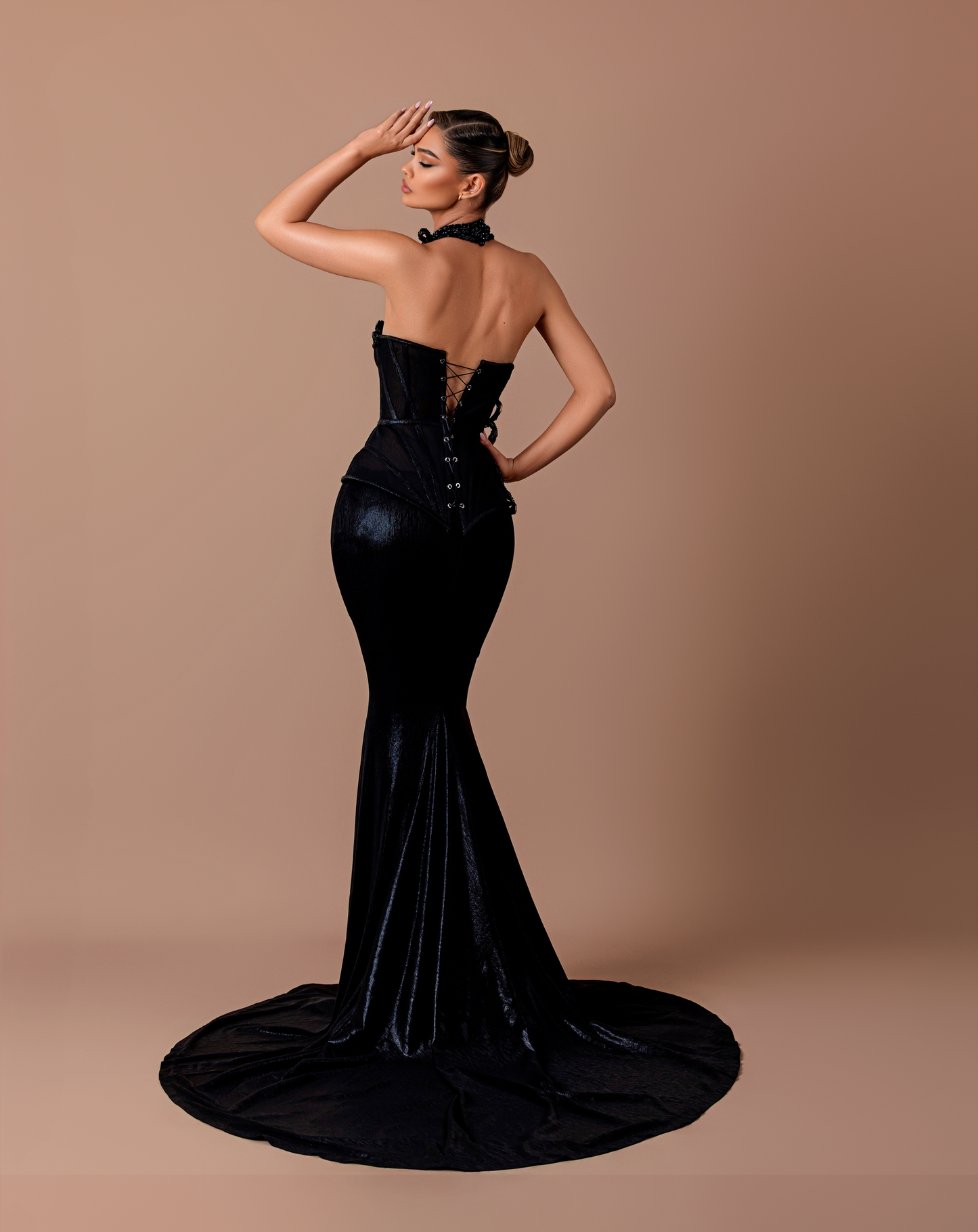 Sable - Halter neckline dress with floral & beaded appliqués