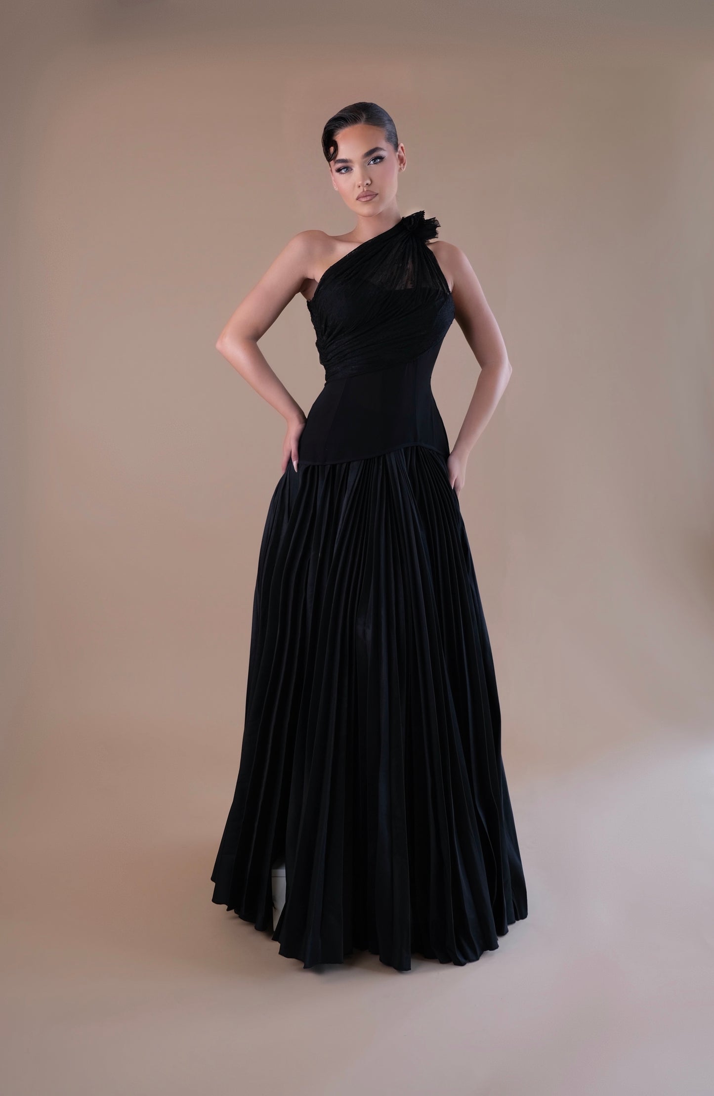 Rosalie - Asymmetrical sleeve draped corset dress