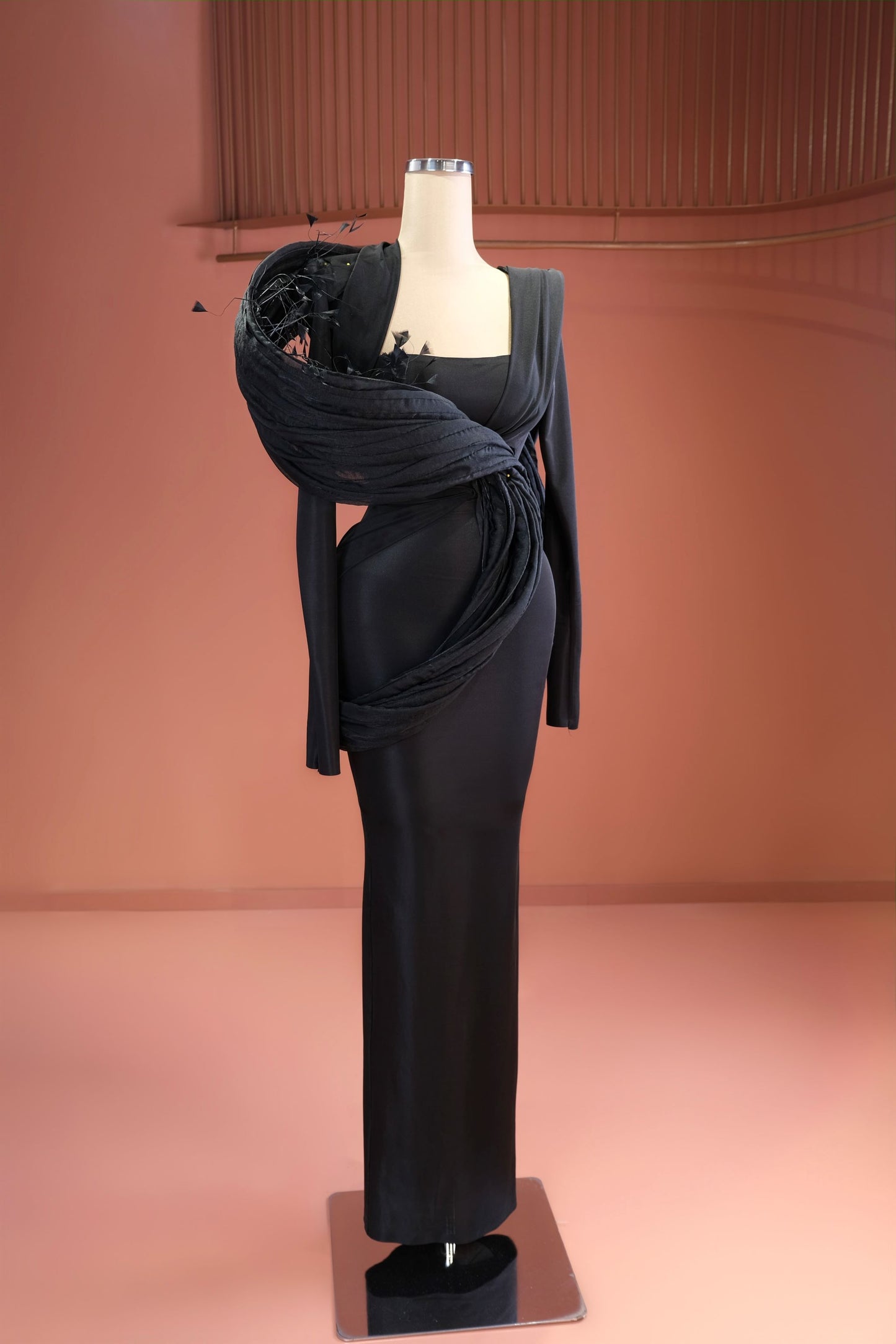 Emilye - Feathered Draped Black Dress