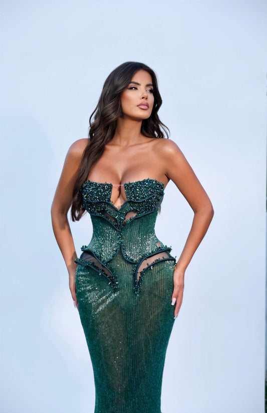 Maelissa - Emerald Green Strapless Beaded Dress