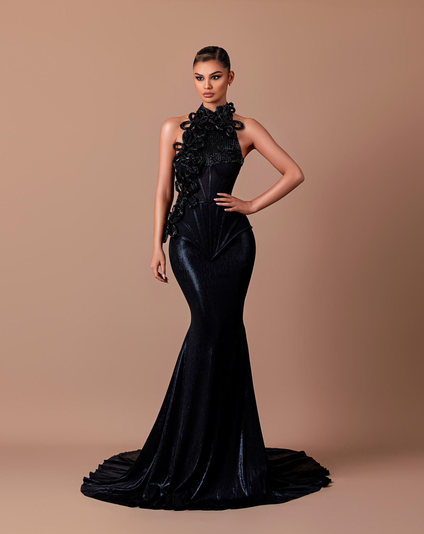 Sable - Halter neckline dress with floral & beaded appliqués